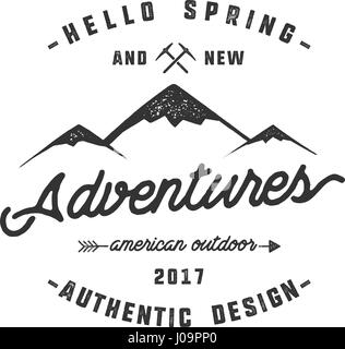 Vintage adventure Hand drawn label design. Hello spring and new adventures sign and outdoor activity symbols - mountains, climb gears. Monochrome. Isolated on white background. Vector Stock Vector