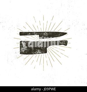 Hand drawn meat cleaver and knife symbols. Vintage steak house symbol. Letterpress effect with sunbursts. Vector design isolate on white background Stock Vector