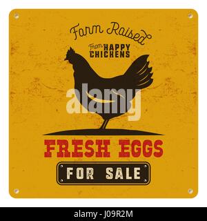 Farm fresh eggs poster, card on yellow vintage rusty metal background with chicken. Retro typography style. Vintage vector design Stock Vector