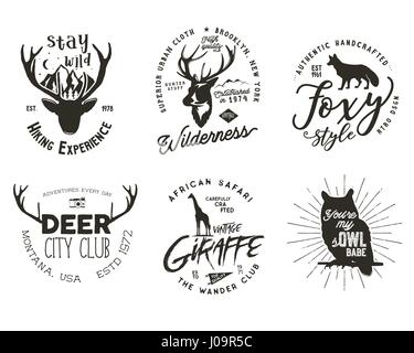 Wild animal badges set. Included giraffe, owl, fox and deer shapes. Stock vector isolated on white background Stock Vector