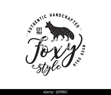 Vintage hand drawn wild animal label. Fox silhouette shape and typography elements - authentic handcrafted. Old style monochrome patch design. Rustic stamp vector t shirt template. Stock Vector