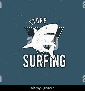 Surfing store emblem design. Shark on a triangle sheld. Retro rough style. Surfing logo template isolated on blue background. Vector summer insignia Stock Vector