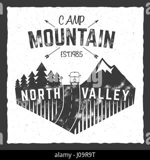 Mountain camp poster. North valley sign with rv trailer. Classic design. Outdoor adventures logo, retro colors. Graphic print design, tee shirt prints template. Vintage label, vector Stock Vector