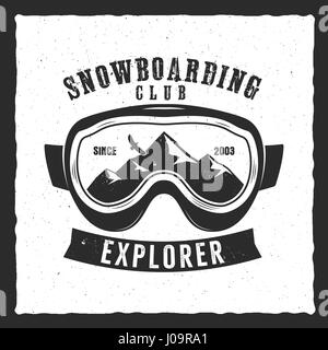 Snowboarding goggles extreme logo and label template. Winter snowboard club badge, emblem. Mountain Adventure insignia, logotype. Vintage vector design Stock Vector