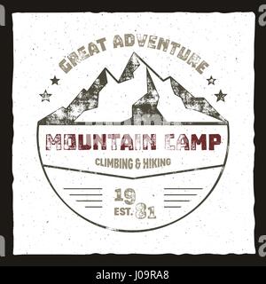 Mountain camp poster. Outdoor adventures logo, retro colors. Graphic print design, tee shirt prints template. Vintage label, vector Stock Vector
