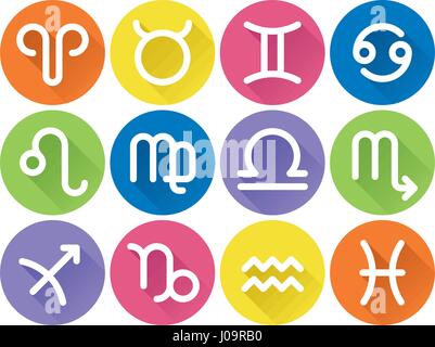 Set of flat geometric zodiac symbols with long shadow in vibrantly colored circles Stock Vector