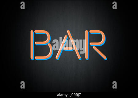 Electric signboard with bright neon lights, with bar text on black background. Stock Photo