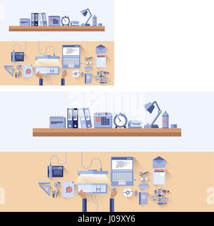 Vector of office supplies on office desk and shelf Stock Vector