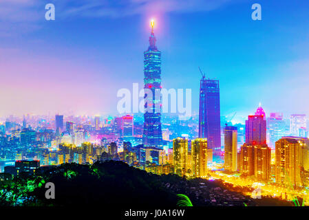 TAIPEI, TAIWAN - MARCH 20: This is a view of the Taipei 101 building and Xinyi financial district taken from Elephant mountain at night on March 20, 2 Stock Photo