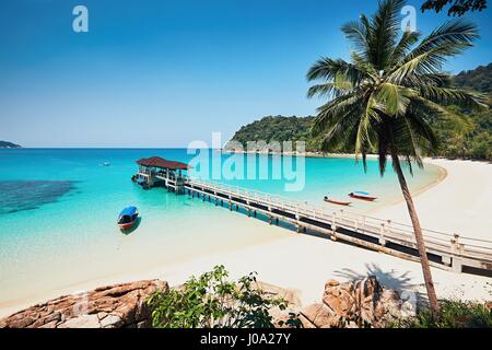 Sunny day on the idyllic beach. Perhentian Islands in Malaysia. Stock Photo