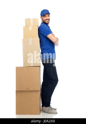 Pulling Handless Delivery man in a blue polo shirt holding a package carton bag with ...
