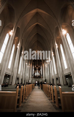The beautiful pipe organ inside Hallgrímskirkja, the iconic church in Reykjavik, Iceland. Stock Photo