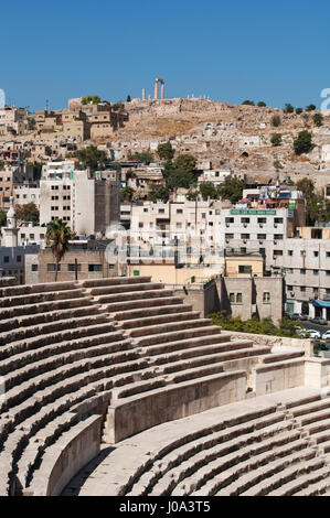 Jordan, Middle East: the skyline of Amman Citadel seen from the Roman Theater of Amman, a 6.000 seat theatre dating back to the Roman period Stock Photo