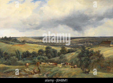 This 1830 landscape painting depicts a pastoral scene with cattle and a ...