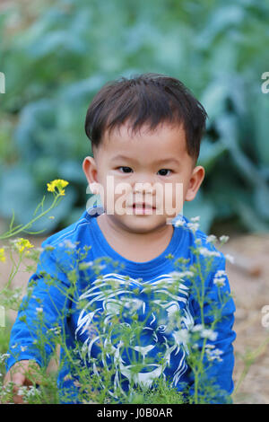 Thailand happy boy in the vegetable garden,Portrait Photography in Concept cuteness of Asian Children. Stock Photo