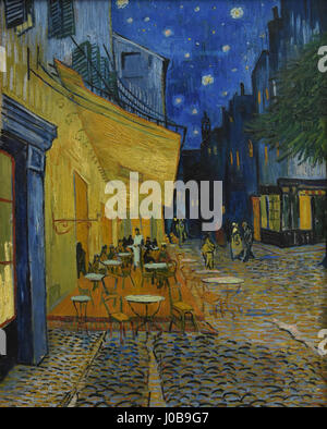 ‘Caféterras bij nacht’ by Vincent van Gogh, painted in 1888, captures a lively night scene at a café in Arles, showcasing his characteristic brushstroke style and use of vibrant color in capturing everyday life. Stock Photo