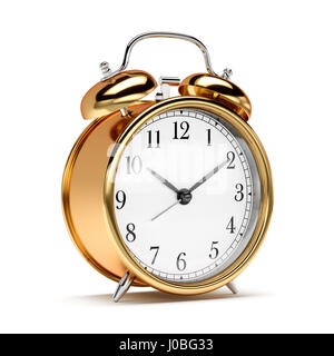 Golden old fashioned alarm clock isolated on white background. 3d rendering illustration Stock Photo