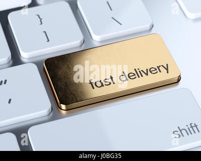 Golden fast delivery sign button on white computer keyboard. 3d rendering concept Stock Photo