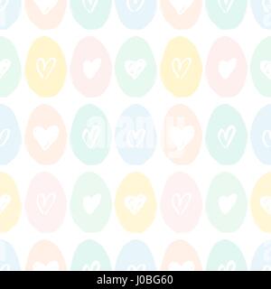 Hand drawn seamless repeat pattern with Easter eggs in pastel pink, green and light blue on white background. Cute and original Easter textile, wrappi Stock Vector