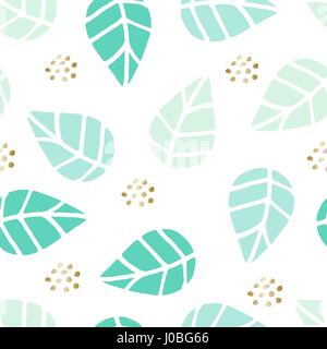 Seamless repeat pattern with gold dots and green leaves on white background. Nature inspired fabric, gift wrap, greeting card design. Stock Vector