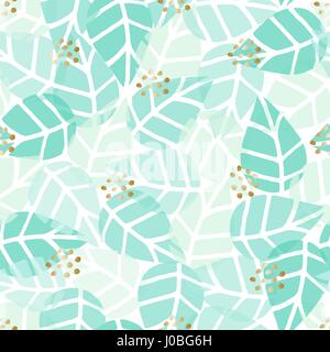 Seamless repeat pattern with gold dots and green leaves on white background. Nature inspired fabric, gift wrap, greeting card design. Stock Vector