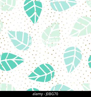 Seamless repeat pattern with gold dots and green leaves on white background. Nature inspired fabric, gift wrap, greeting card design. Stock Vector