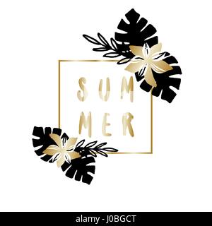 Abstract design with tropical leaves and flowers in gold and black, isolated on white background. Stock Vector