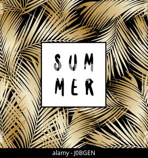 Abstract design with gold palm leaf silhouettes and text Summer. Stock Vector