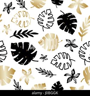 Hand drawn seamless repeat pattern with tropical leaves in gold and black on white background. Stock Vector