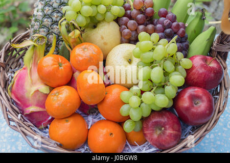 Close focus on plenty of colorful fruits in basket. Stock Photo