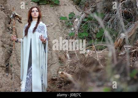 Shaman with Staff and glass ball outdoor Stock Photo