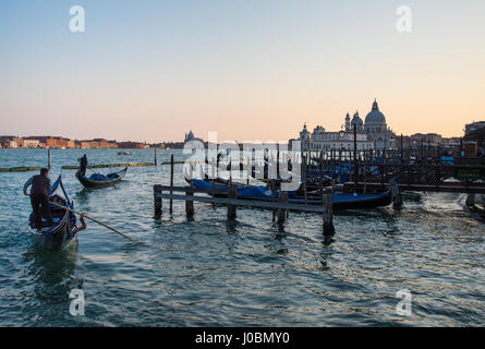 Venice Gondolas along waterfront of Saint Mark's basin view across Saint Marks basin to Santa Maria della Salute gondoliers in silhouette Stock Photo