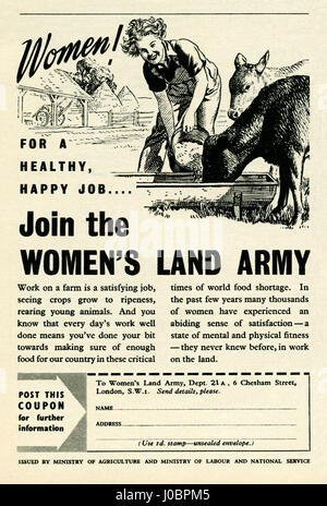 An advert for women to join the 'Women's Land Army'. The advert was part of a campaign in wartime and post-war Britain to encourage to work on the farms in a time of food shortage, rationing and  austerity. It also makes claims of a happy, healthy, outdoor lifestyle. It appeared in a magazine published in the UK in 1947 – vintage 1940s graphics. Stock Photo