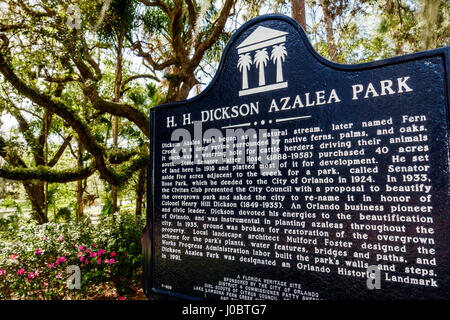 Orlando Florida,H. H. Dickson Azalea Park,historic landmark,WPA project,marker,landscape,live oak trees,FL170222169 Stock Photo