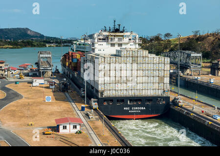 Cargo boat passing the Miraflores Locks, Panama Canal, Panama City, Panama, Central America Stock Photo