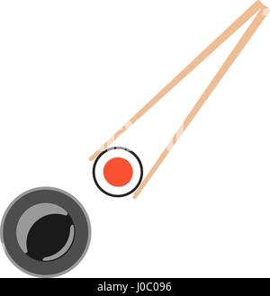 Chopsticks holding sushi roll. Stock Vector