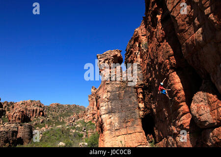 Climber on cliffs in the Cederberg mountains, Western Cape Stock Photo