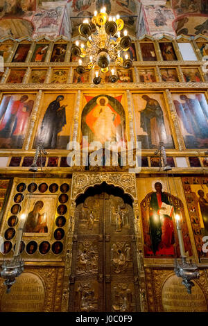 Doorway and Iconostasis inside the Assumption Cathedral, the Kremlin, UNESCO World Heritage Site, Moscow, Russia Stock Photo