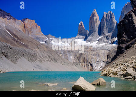 A glacial lake and the rock towers, Torres del Paine National Park, Patagonia, Chile Stock Photo