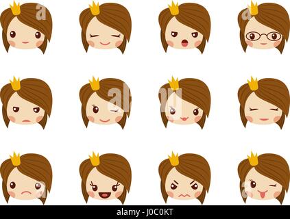 Cute girl face with red bow showing the different emotions vector illustration. Vector set of emoji Stock Vector