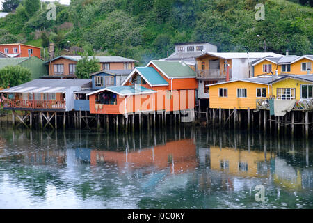 A palafita stilt village in Castro, Chiloe Island, northern Patagonia, Chile Stock Photo