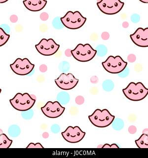 Vector illustration of the cute lips with the funny faces seamless pattern. Trendy Kawaii emoticons for print on t-shirt, one piece body gift for kids Stock Vector