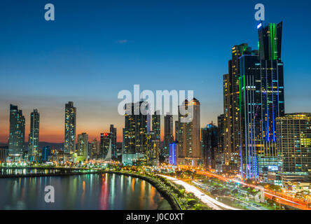 The skyline of Panama city at night, Panama City, Panama, Central America