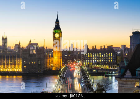 High angle view of Big Ben, the Palace of Westminster and Westminster Bridge at dusk, London, England, UK Stock Photo