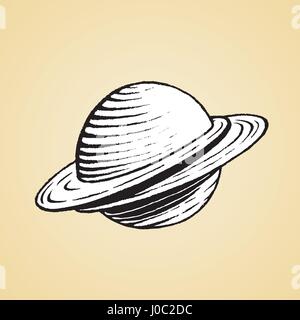 Vector Illustration of a Scratchboard Style Ink Drawing of a Saturn like Planet with White Fill Stock Vector