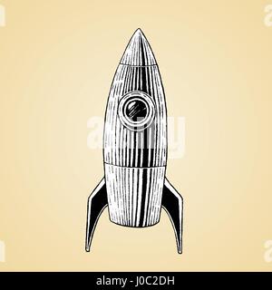Vector Illustration of a Scratchboard Style Ink Drawing of a Striped Rocket with White Fill Stock Vector