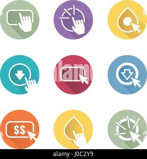 Call to Action Icon Graphics with Buttons, Clicking Hand and Pointers, & Dollar Signs Stock Vector