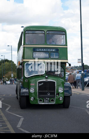 Green vintage 1955 Bristol Lodekka LD6B bus with Grantham sign outside Grantham railway station Stock Photo