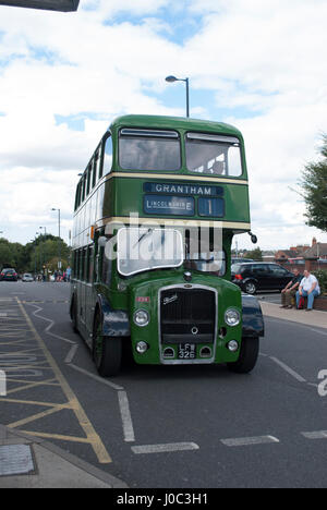Green vintage 1955 Bristol Lodekka LD6B bus with Grantham sign outside Grantham railway station Stock Photo