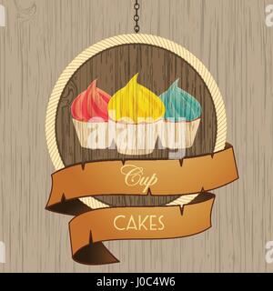 Trio of Cupcakes Over Circular Wooden Sign with Rope Edge and Vintage Banner with Text on Wood Background Stock Vector
